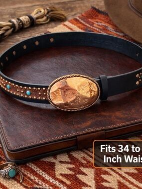 Women's Black Leather Western Belt with Gold Turquoise Accent Buckle